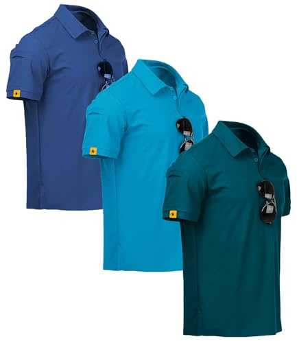 V VALANCH Mens Golf Shirts 3 Pack Short Sleeve Polo Shirts Collared Shirts Men Pack Sport Tactical Shirts (Blue Green+Blue+Dark Teal Blue,XL)