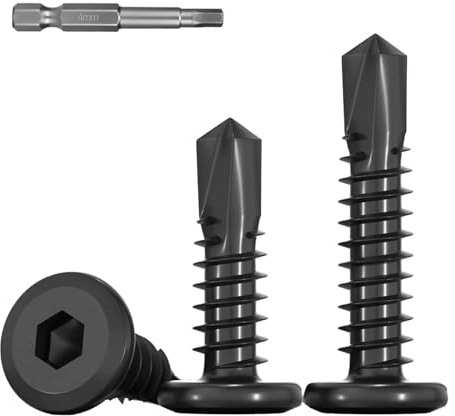 FandWay 100Pcs Self Tapping Screws for Steel,M5.5x19mm Self Drilling Screws for Metal,Flat Hex Socket Head Tek Screw,Sheet Metal Allen Key Screw 410 Stainless Steel Black Coating for Alu Wood Plastic