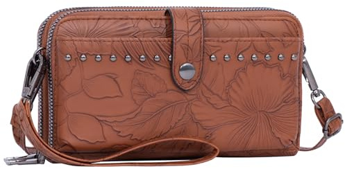 Toptime Handytasche zum Umhängen, Geprägtes Leder Crossbody Bag Damen mit Kartenschlitz, Handy Umhängetasche mit Handgelenkband & Verstellbar Schultergurt, Vintage Braun Mini Handtasche für Shopping