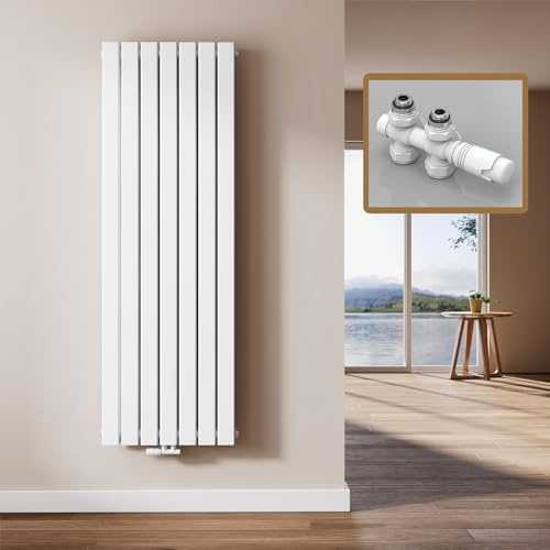 EMKE Radiateur Design Vertical, 160 x 54 cm, Radiateur Mural Plat en Acier,Double panneau, Raccord Central, Blanc, 1739W(y compris vannes)