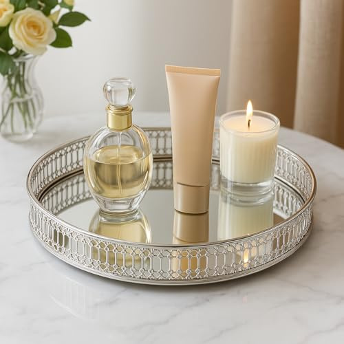MAISON DE BUCKS Crystal Mirror Vanity Tray - 9.8 Round Silver Decorative Tray for Dresser, Bathroom, Kitchen (Silver)