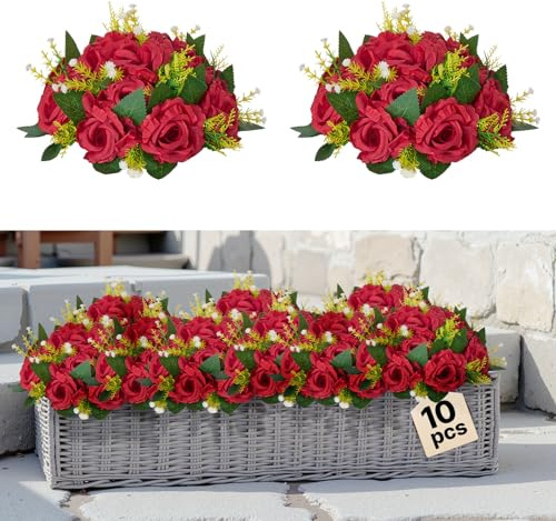 VEVOR Boules de Fleurs Artificielles, Lot de 10, 24 cm, Compositions de Roses Rouges Artificielles, Fausses Fleurs Décoratives pour Centres de Table, Mariages, Saint-Valentin, Décoration d'Intérieur