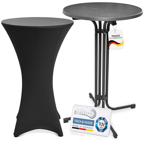 Beautissu Grauer Outdoor Stehtisch klappbar mit Husse wetterfest TÜV | 70cm Schwarz wetterfester Partytisch mit Stretch Stehtischhusse platzsparender Bistrotisch Gastro-Qualität Stella Sylt