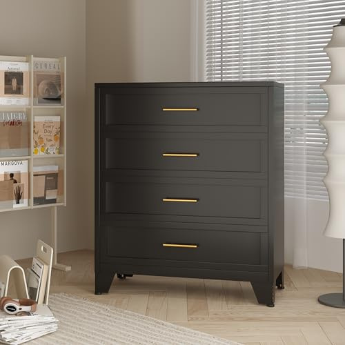 Lusiwry 4 Schublade Metall Datei Schrank, hohe breite Tiefe Kommode Schrank, Aufbewahrungsschrank mit Schublade Organizer Einheit für Kleidung, Schlafzimmer, Wohnzimmer, Flur, Eingang, Schwarz