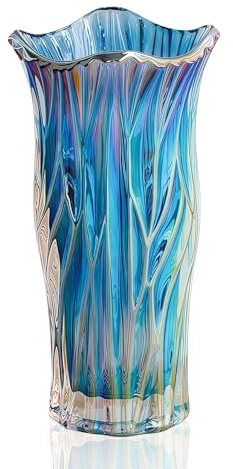 Large Glass Vase for Flowers, Tall Blue Vase Crystal Coloured Flower, Modern Ornaments for Living Room Decorative Vases, Flower Vases for Office Bedroom Decor Birthday Gifts for Women