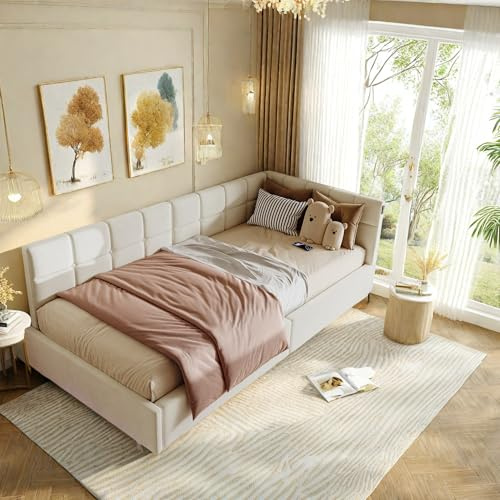 SHAODENG Einzelbetten 90x200 Jugendbett, Schlafsessel mit Bettfunktion & Hydraulisch Bettgestell, LED Bett mit Stauraum & Lattenrost, Beige Samt Polsterbett, ohne Matratze