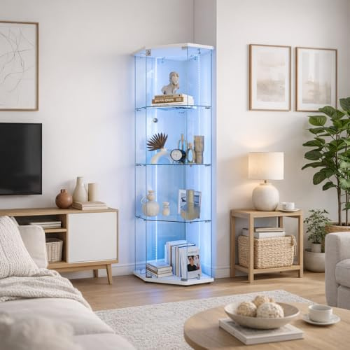 Vitrine d'angle en Verre, Vitrine en verre avec éclairage LED, Armoire de Collection Moderne en Verre à 4 Couches 1 Porte, avec Porte et Serrure Armoire, Rangement (Blanc 5 côtés A, 1 Porte, 4 étages)