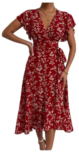 GORGLITTER Women's Floral Wrap V Neck Flowy Midi Dresses Ruffle Cap Sleeve Tie Knot Flared Ruffle Going Out Dress Burgundy Large
