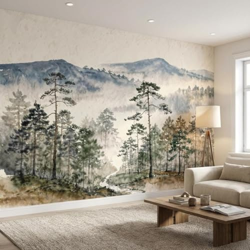Sunny Graphics Print Misty Forest Photo Mural Nature Wallpaper Wall Covering of Watercolour Painting with Trees Stream Mountains Wall Art Home Office Decoration