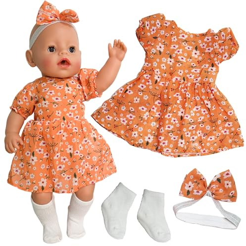 Puppenkleidung für 35-43cm Babypuppen, Orange Süße Baby Kleidung Puppen 14-17 Zoll Babypuppen Elegante Haarband mit Schleife 43cm Puppen Outfits Geschenke für Mädchen Jungen