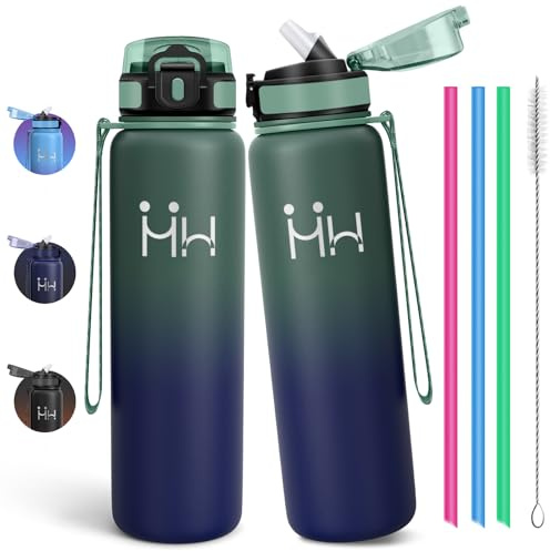 Mulbijeo Botella 1L, Sin BPA, Acero Inox, Botella Aislante Impermeable Doble, Cantimplora, con Paja, Apta Bebidas Gas, Cepillo