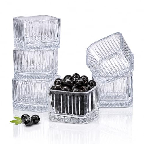 Eden & Willow Glass Dip Bowls, 6 Pcs Small Soy Sauce Pots, Stackable Side Dish & Snack Bowls, Ribbed Little Dish & Mini Dessert Cups, Square Ice Cream Tiramisu Cups, Dipping Pots for Chip & Dip