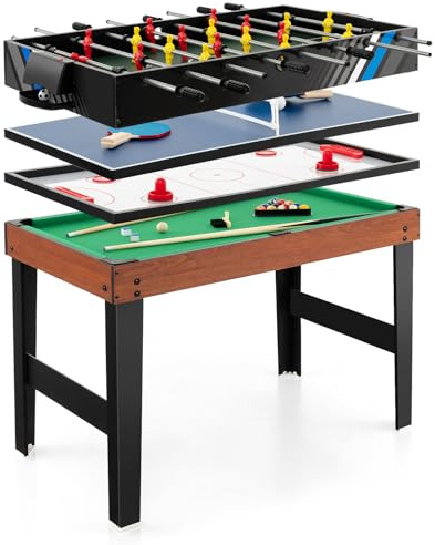 COSTWAY 4 en 1 Mesa de Multijuegos, Futbolin, Billar, Hockey, Mesa de Tenis, con Patas y Accesorios, Futbolines para Niños y Adultos para Sala de Juegos, Bares, 125 x 97 x 83 cm (Natural, 4 en 1)