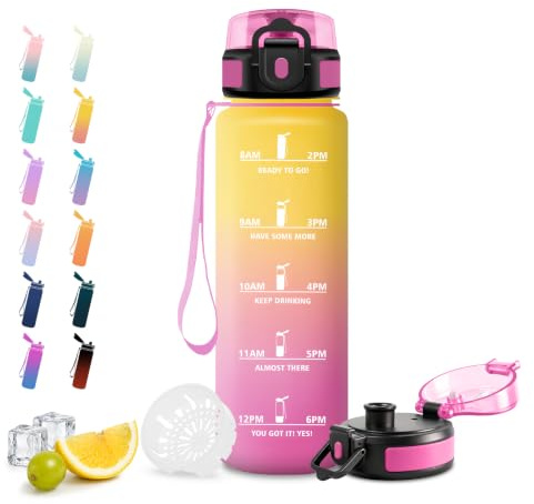 JAPORIA Bouteille Sport 1L, Gourde Motivation sans BPA, Gourdes avec Marqueur de Temps, Bouteille d'eau pour Randonnée, Bureau, l'école, Sport, Yoga, Fitness