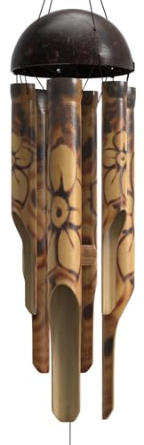 Nalulu Rustic Bamboo Wind Chimes - Outside Outdoor Wooden Windchimes, Small, Floral Burned Design with Coconut Crown, Handcrafted with Calming Deep Tones, Home Decor Ideal Gift for Him & Her