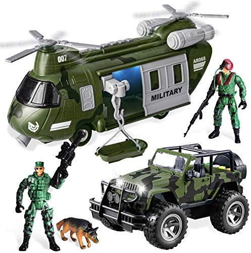 JOYIN Veicoli Militari Giocattolo Set di Elicottero da Trasporto Alimentato a Frizione e Camion Militare con Luce e Suono Sirena e Soldati Uomini dell'Esercito Action Figures per Bambini