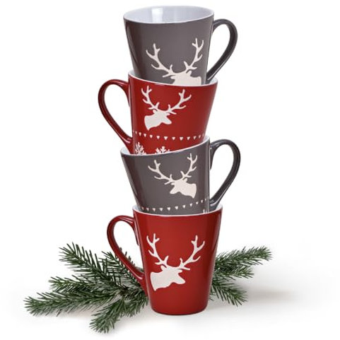 Tassen 36er Set Xmas in grau und rot - Amerikanische Keramik Kaffeebecher als Weihnachtstassen in 10 cm - Hirsch Dekor Kaffeetassen für Weihnachten spülmaschinenfest und mikrowellengeeignet