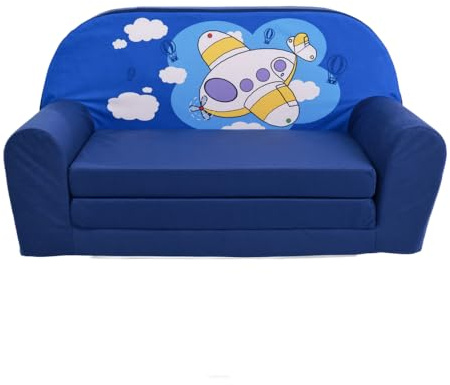 FORTISLINE Kindersofa MINI ausklappbar 78 x 40 x 45 cm - Kindercouch aus Mikrofaser mit Liegefläche 104 cm, abnehmbarem waschbarem Bezug, Oeko-TEX Standard 100, Flugzeug