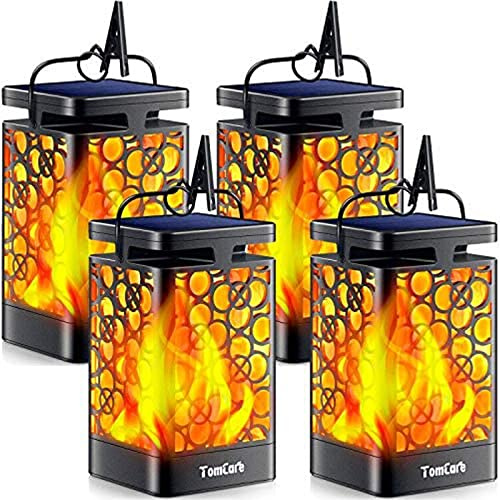 TomCare Solar Lights Upgraded Solar Lantern Flickering Flame Outdoor Hanging Lantern Decorative Lighting Solar Powered Waterproof LED Flame Umbrella Lights for Patio Garden Deck Yard, 4 Pack | Realistic Flame Effect, Charges in 6-8 Hours, 10-12-Hour Runtime, IP65 Waterproof, Auto On/Off for Patio, Garden and Porch