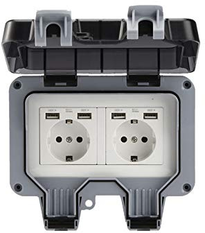 Außensteckdose Steckdose mit USB-Anschlüsse IP66 Wetterfest für Feucht-Raum und Außen-Bereich (Doppelstecker)