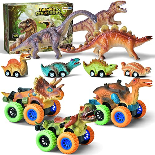 GizmoVine Dinosauriebil, dinosaurieleksak, 3 stycken stora dinosauriefigurer med ljud, 3 stycken stora dinosaurier pull-back bil, 4 stycken dinosaurier pull-back bil, lämplig 3–6 år