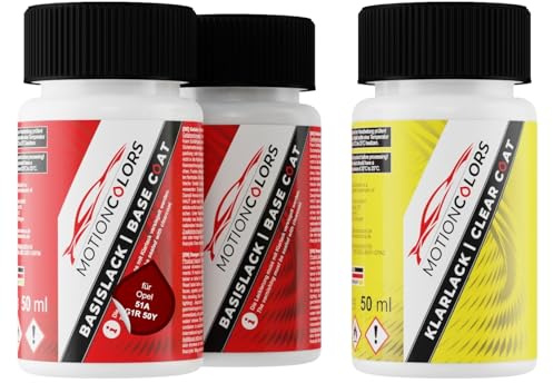 MOTIONCOLORS Peperoncino Red Metallic/Chili Rot Metallic 51A / G1R 50Y für Opel Autolack Lackstift Set Grundlack Basislack Klarlack je 50ml