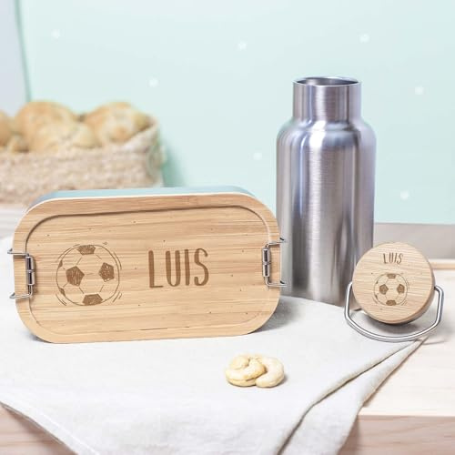 hellomini Lunchbox & Trinkflasche Bambus personalisiert | Geschenk zur Einschulung für Kinder | Isolierflasche Edelstahl & Brotdose mit Namen (Fußball)