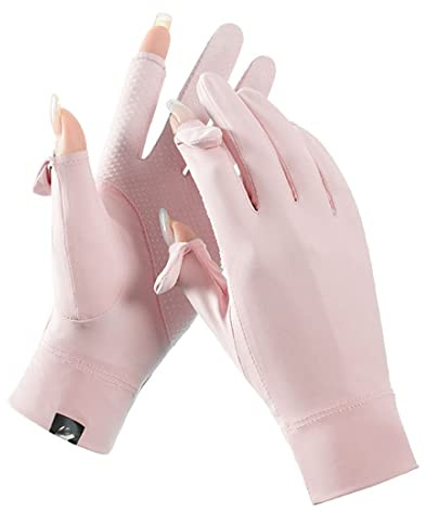 Antcher Guantes de protección solar UV para mujer, guantes de seda de hielo, sin dedos, con pantalla táctil de dedo completo, guantes antideslizantes para senderismo, conducción, pesca (rosa)