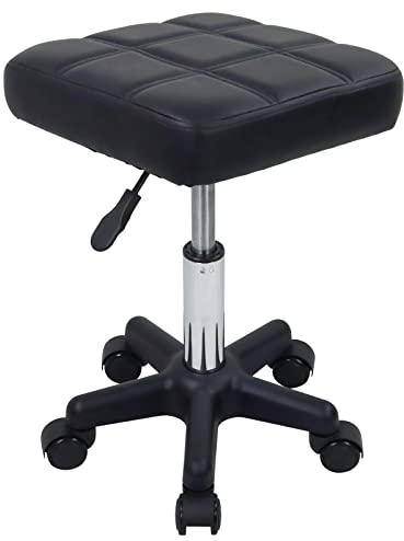 FURWOO Quadratischer Drehhocker mit Rädern PU Leahter Rollhocker Höhenverstellbarer Hocker für Spa Salon Massage Schwarz