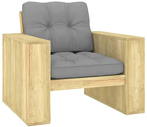 IBUQDDV Gartenstuhl mit Grauen Kissen aus Imprägniertem Kiefernholz für Terrasse und Balkon, Wetterfester Holzstuhl mit Polsterung für Outdoor-Bereich, Bequem und Elegant