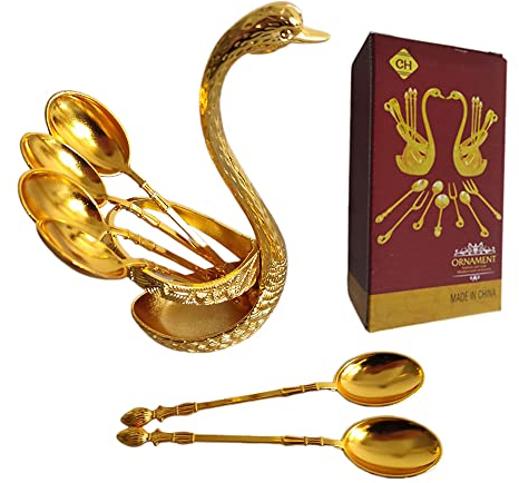 Goldfarbener Kaffeelöffel mit Metall-Schwanenbodenhalter mit 6 Löffeln, Organizer, Edelstahl, Servierbar, Dessertlöffel für Kuchen, Arbeitsplatte, Geschirr, Haushalt