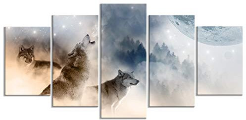 decomonkey - Tableau Acoustique Animaux 225x112.5 5 Pièces - Impression sur Toile Décoration Maison Isolation Peinture Phonique Déco Bureau Abstraction arbres montagnes nature chiens loups animaux