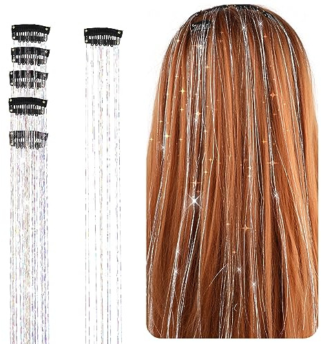 Extension con clip per capelli, 6 pezzi extension per capelli con clip, kit di ciocche di orpelli scintillanti da 20 pollici per ragazze e donne, accessori per capelli abbaglianti per cosplay Argento