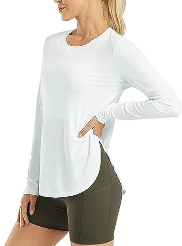 Långärmad damtröja rund hals t-shirt långärmad bastoppar slits fritid enfärgad långtröja casual lösa tröjor skjortor blus tunika toppar, Vit, XL