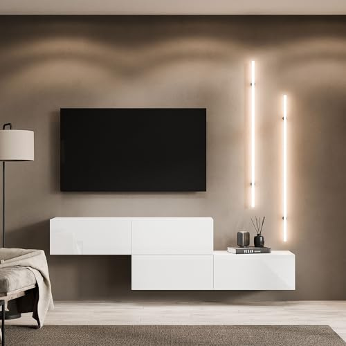 Planetmöbel Meuble TV pour salon, 2 x 140 cm, blanc, moderne, avec 2 ailes comme espace de rangement, suspendu ou debout