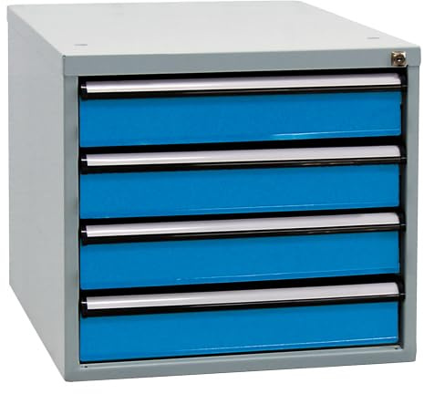 PROREGAL Schubladenbox mit 4 Schubladen für Werkbank Rhino | HxBxT 50x53x70cm | Traglast 60kg | Lichtgrau/Lichtblau | Werkbankzubehör, Baukastensystem, Stahlschublade