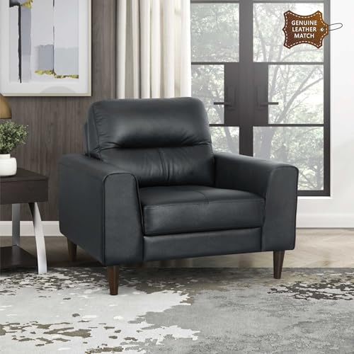 Lexicon Leather Match Accent Chair, Modern Sofa Armchair, Oversized Seat, Solid Wood Legs,Top Grain Leather Lounge Chair for Living Room, Bedroom, Office, Apartment, Waiting Room, Black