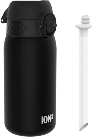 ION8 Vattenflaska Med Sugrör Barn, 350 ml/12 oz, Läcksäker, Lätt att Öppna, Säkert Lås, Diskmaskinssäker, BPA-fri, Bärhandtag, Enkel att Rengöra, Luktfri, Koldioxidneutral, BPA-fri, Svart