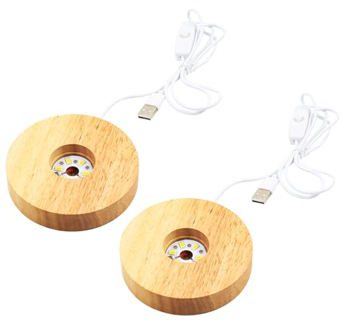 MaxEarn 2 unidades de base de luz LED redondas, 10 cm USB, base de exhibición de luces LED, soporte de madera, luz cálida, iluminación de madera, para bricolaje, placa de acrílico, bola de cristal
