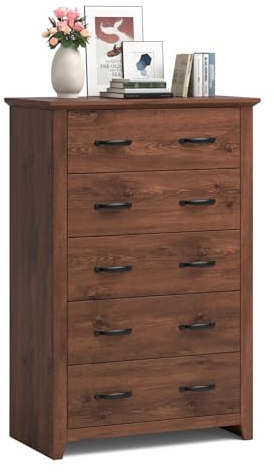 Julimoon 5 Drawer Dresser, Tall Chest of Drawers, Closet Organizer with Anti-toppling Device, Heavy-Duty Storage Cabinet with Easy Pull Handle, Dresser for Bedroom, Living Room, Hallway (Walnut)