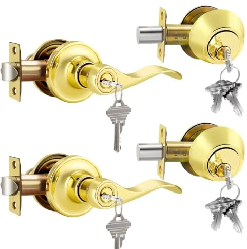 NIZADO 2 Pack Door Lock Sets with Deadbolt Keyed Alike, Double Cylinder Deadbolts, Polished Brass Exterior Door Handle with Lock, Reversible Leverset