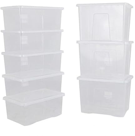 BiGDUG Plastic Storage Boxes – Clear Containers Tubs with Lids for Home or Office Storage (5 x 45 Litre & 3 x 80 Litre)