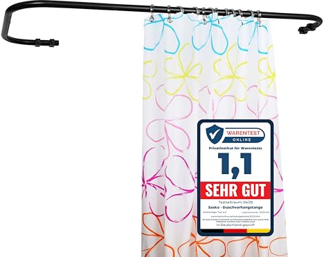 Sasko Duschvorhangstange Duschstange Duschvorhang L-Form Asymmetrisch Aluminium Stabile Belastbarkeit 25 kg Gardinenstange für Vorhang für Badewanne & Dusche Wandmontage - Schwarz - 70x140 cm