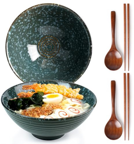 NUTRIUPS 8 Inch Ceramic Ramen Bowl Set of 2 Pho Bowls Japanese Noodle Udon Soup Bowls with Spoons and Chopsticks (Emerald)