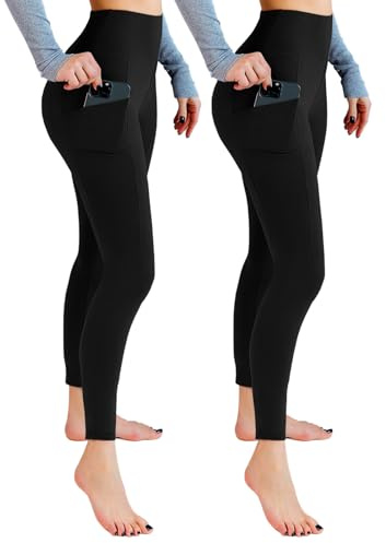 Leafigure Lot de 2 leggings avec poches pour femme, leggings taille haute et doux pour le yoga et la salle de sport, noir, Small - Medium