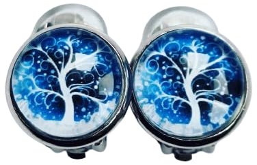Cabochon Ohrclips Lebensbaum blau weiß mit Polster Edelstahl 12 mm