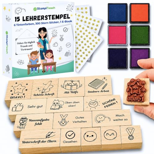 Lehrerstempel Deutsch - Lehrer Geschenk, 15 Lehrerstempel, 6 Stempelkissen, 300 Sticker Sterne, Lehrerbedarf Grundschule, Lehrerin Geschenk