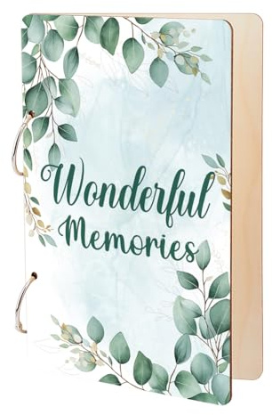 SUPERDANT Wonderful Memories Watercolor Leaves Greeting Card Organizer | Green Leaves Wooden Card Keeper Binder Greeting Cards Storage Cards Holder Book Postcard Album with 2-Rings Birthday Gift