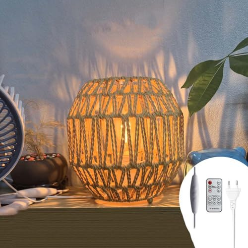 Rattan Tischlampe mit Fernbedienung Dimmbar Tischleuchte mit Schalter und Kabel E27 Vintage Schreibtischlampe Boho lnnen Handgewebter Hanfseil Nachttischlampe mit Timer für Schlafzimmer Wohnzimmer