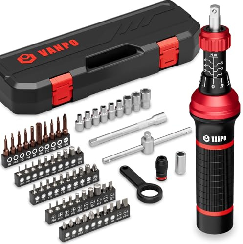 VANPO Tournevis Dynamométrique, 1-6 Nm, 64 Pièces, 1/4 Clé Dynamométrique Kit Réglable avec Poignée en T, Embouts Plats, Hexagonaux, Torx et Phillips für Vélo Réparation, Assemblage, Modélisme
